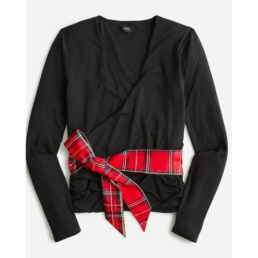 J. Crew Form Knit Long Sleeve Wrap Top Black with Plaid‎ Waist Tie XS Holiday
